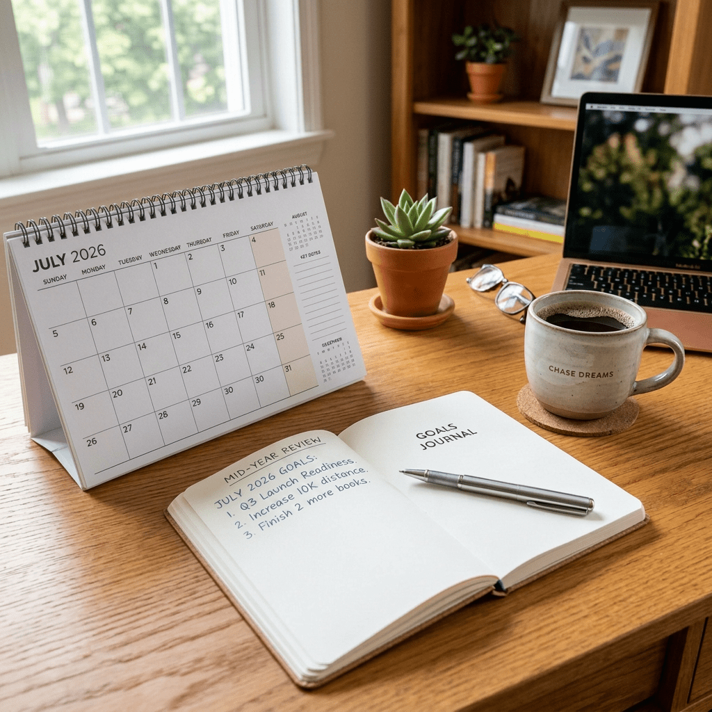 Desk with June 2024 calendar, open goals journal, coffee mug, laptop, and small potted succulent