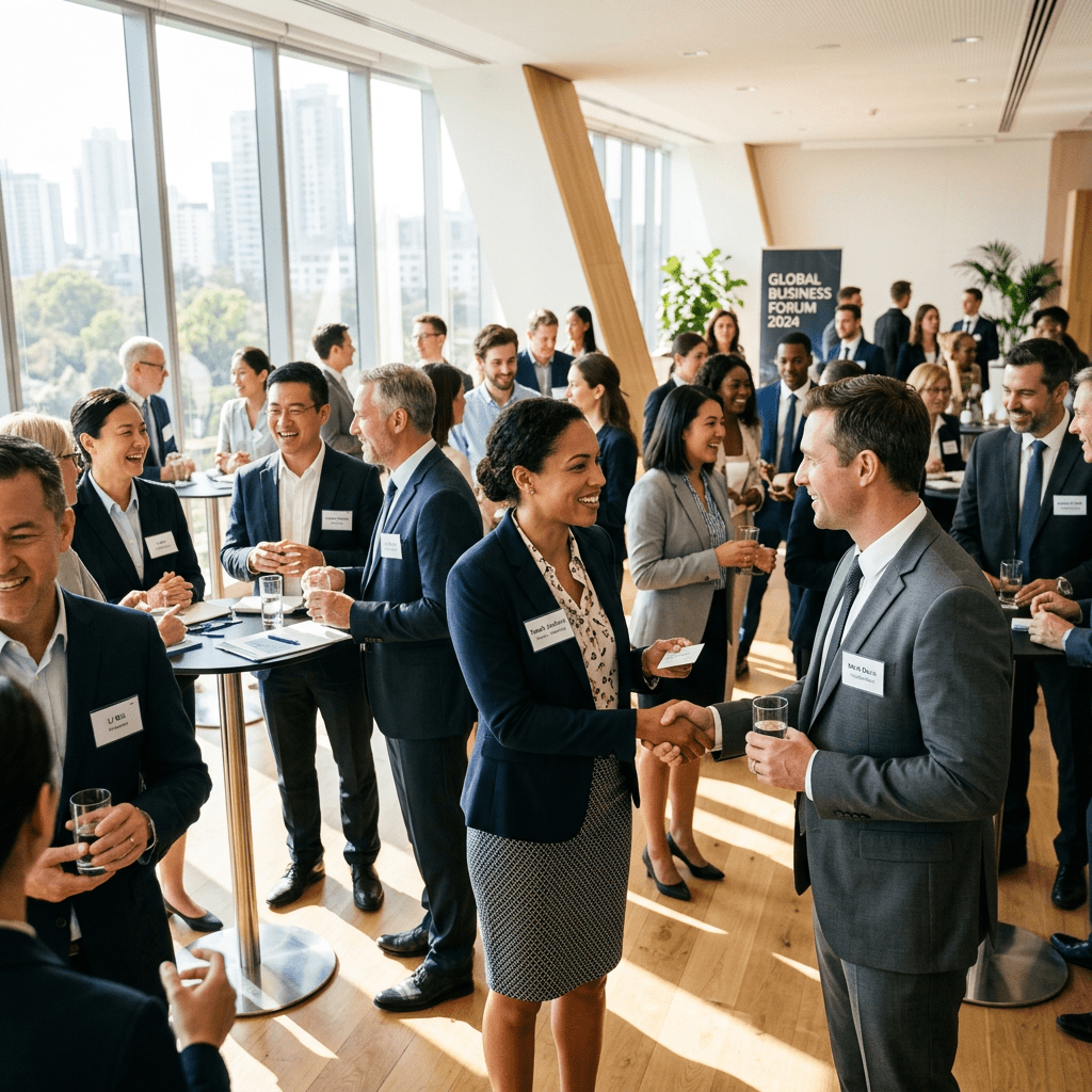 Diverse professionals shaking hands and talking at a networking event