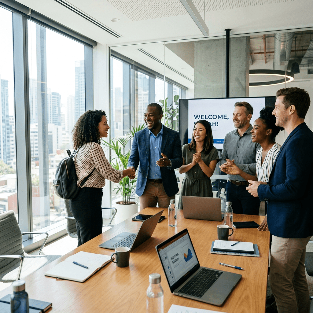Team welcoming new employee with handshake and smiles in an office