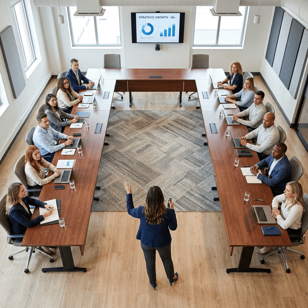Businesswoman presenting strategic growth Q4 to seated team in conference room