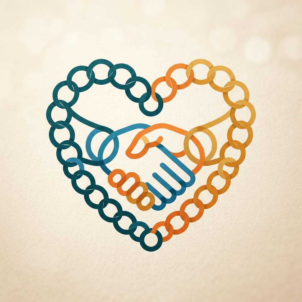 Handshake inside heart formed by interlinked chains in blue and orange
